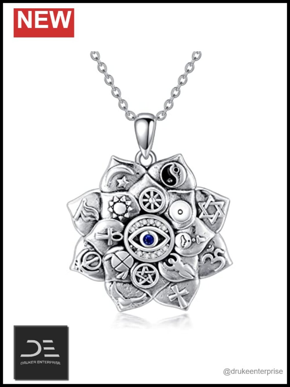 925 Sterling Silver Evil Eye Lotus Pendant Necklace Spiritual Amulet Jewelry